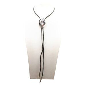 Ivan Vintage Bolo Tie with Silver-Tone Floral Oval Slide & Red Gem Accents